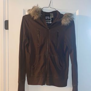 Brown cotton hoodie with fur trim